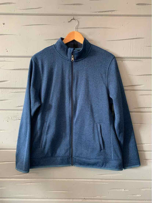 Blue full-zip fleece jacket with stand collar and side pockets in size XL.