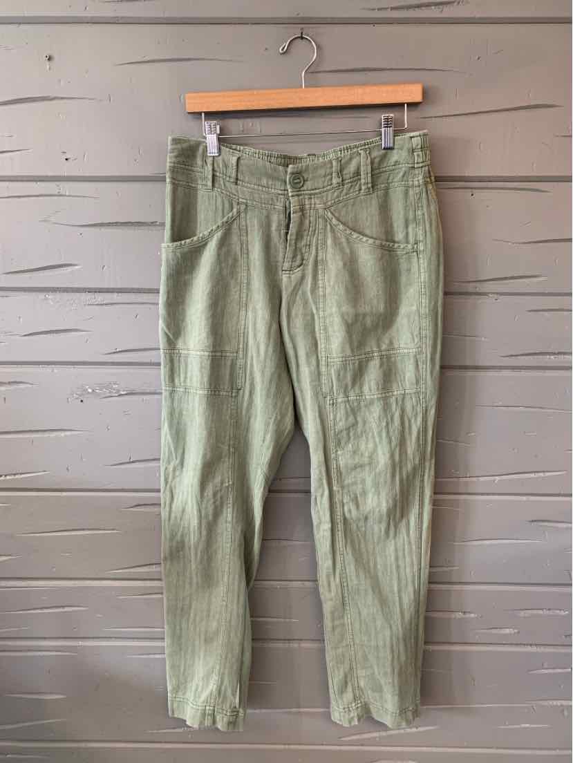 Light olive green high-waisted pants with front pockets and a button closure, made from lightweight fabric.