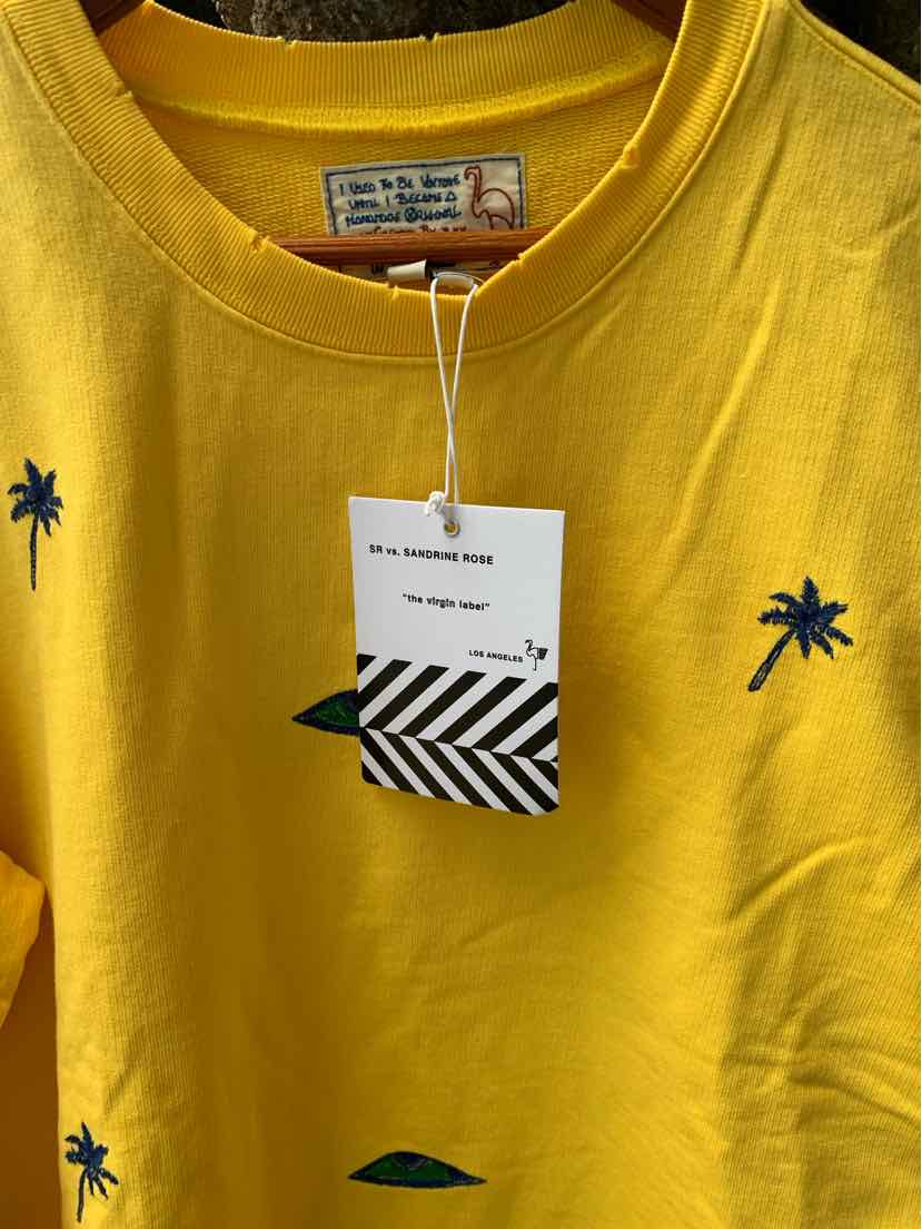 Yellow cotton t-shirt with small navy palm tree and green leaf embroidery, crew neck, size small.