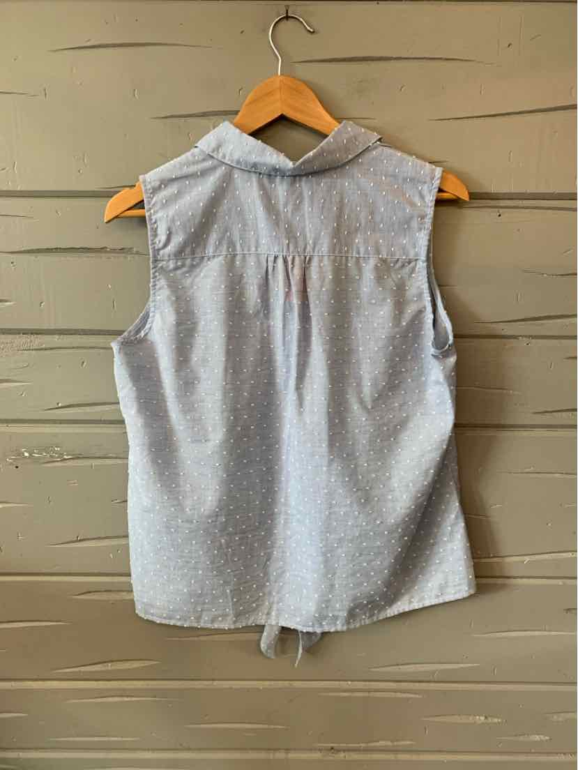 Sleeveless light blue blouse with subtle polka dot pattern and collared neckline on wooden hanger.
