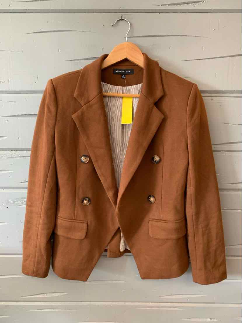 Brown double-breasted blazer with notch lapels and front flap pockets, size small.