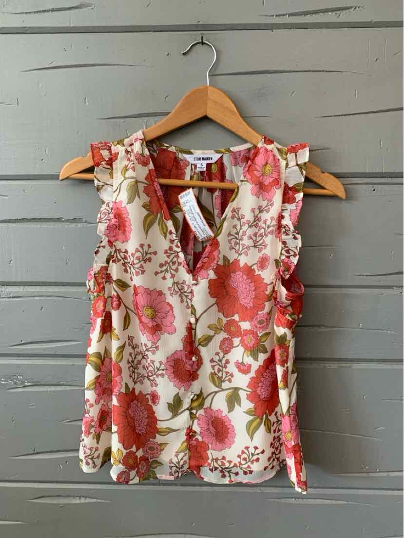 Sleeveless floral blouse with ruffled shoulders in red, pink, and green on white background.