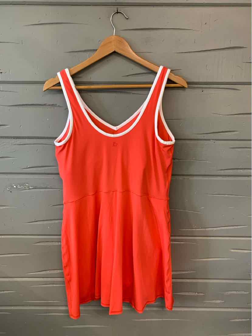 Coral sleeveless dress with deep scoop neckline and white trim, fitted bodice with flared skirt, size XL.