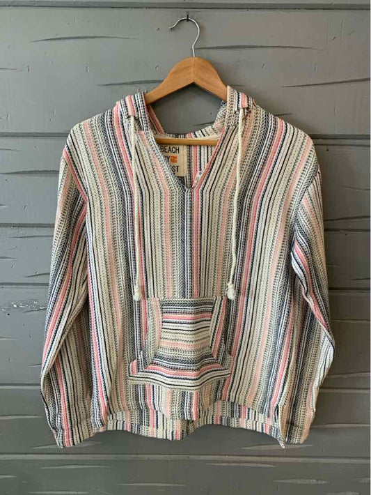 Lightweight cotton hooded pullover with vertical multicolor stripes and front kangaroo pocket.