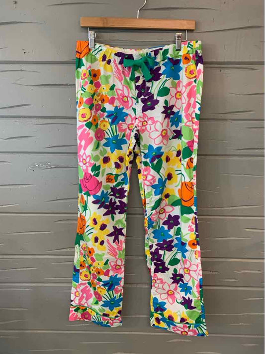 Floral print pants with vibrant multicolor flowers on white background, small size, straight-leg cut.