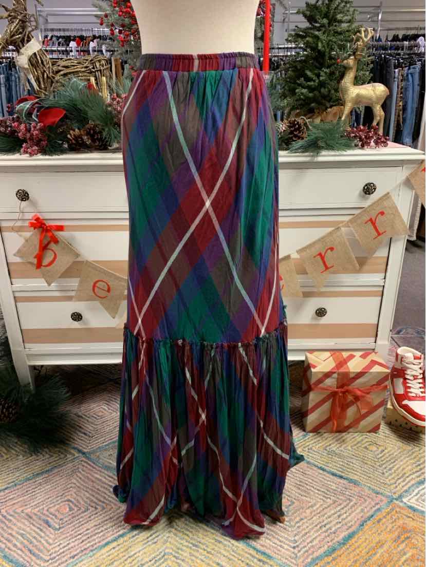 Burgundy plaid maxi skirt with tiered ruffle hem and elastic waistband, size XS.