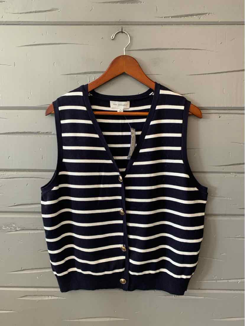 Navy knit sweater vest with white horizontal stripes, a V-neck, and front button closure.