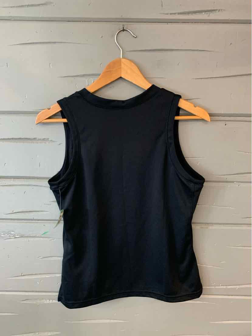 Black sleeveless Nike tank top with a round neckline, size small, hanging on wooden hanger.