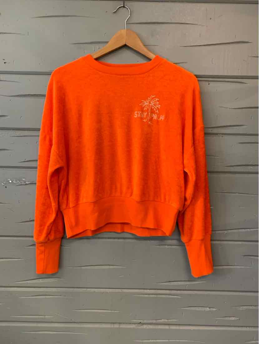 Bright orange Old Navy crewneck sweatshirt with long sleeves and a small chest graphic.