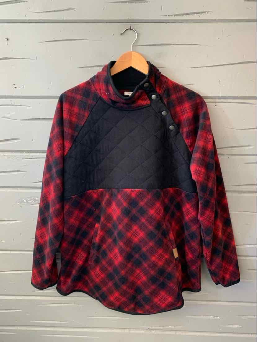 Red and black plaid flannel shirt with a black quilted front panel and button-up collar.