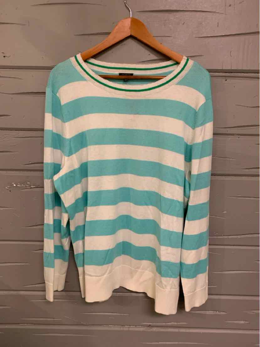 Aqua and white horizontal striped long-sleeve sweater with crew neck in size 2X.