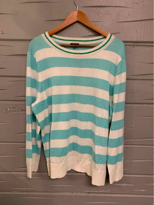 Aqua and white horizontal striped long-sleeve sweater with crew neck in size 2X.