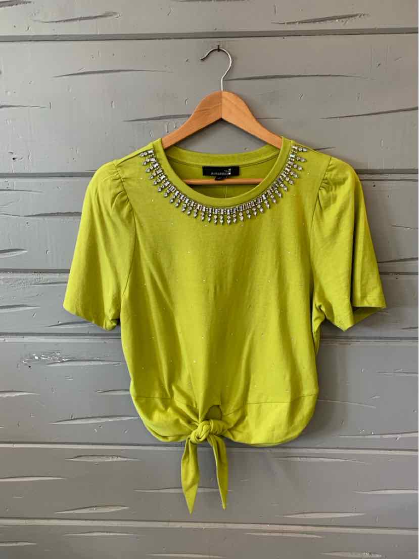 Lime green short-sleeve blouse with rhinestone-embellished neckline and front tie detail.