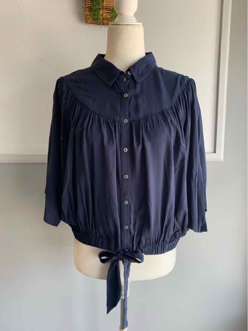 Navy blue button-up blouse with collar, three-quarter sleeves, and a front tie hem.