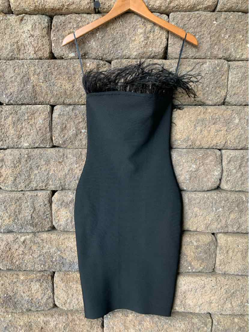 Black fitted mini dress with thin spaghetti straps and feather trim along the straight neckline.