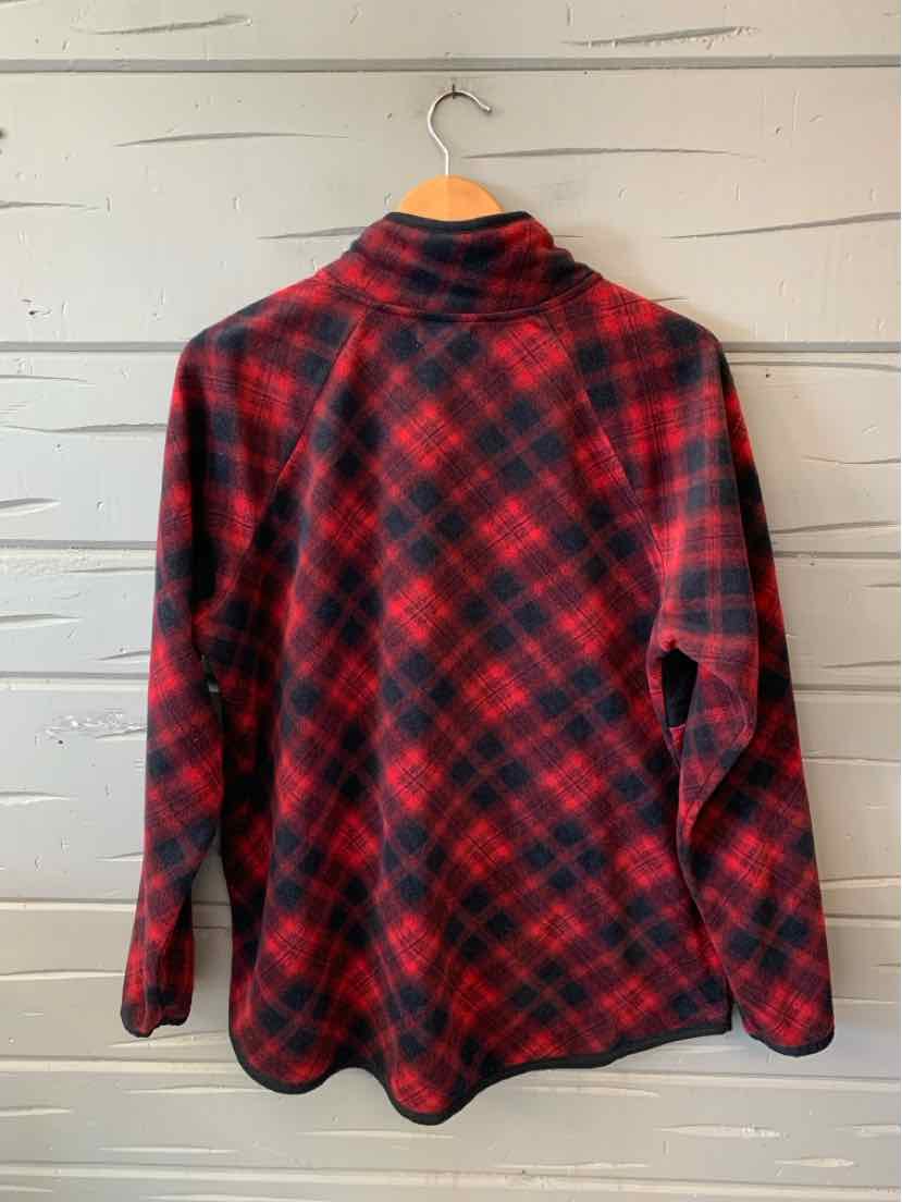 Women's red and black plaid button-up shirt with long sleeves and a pointed collar.