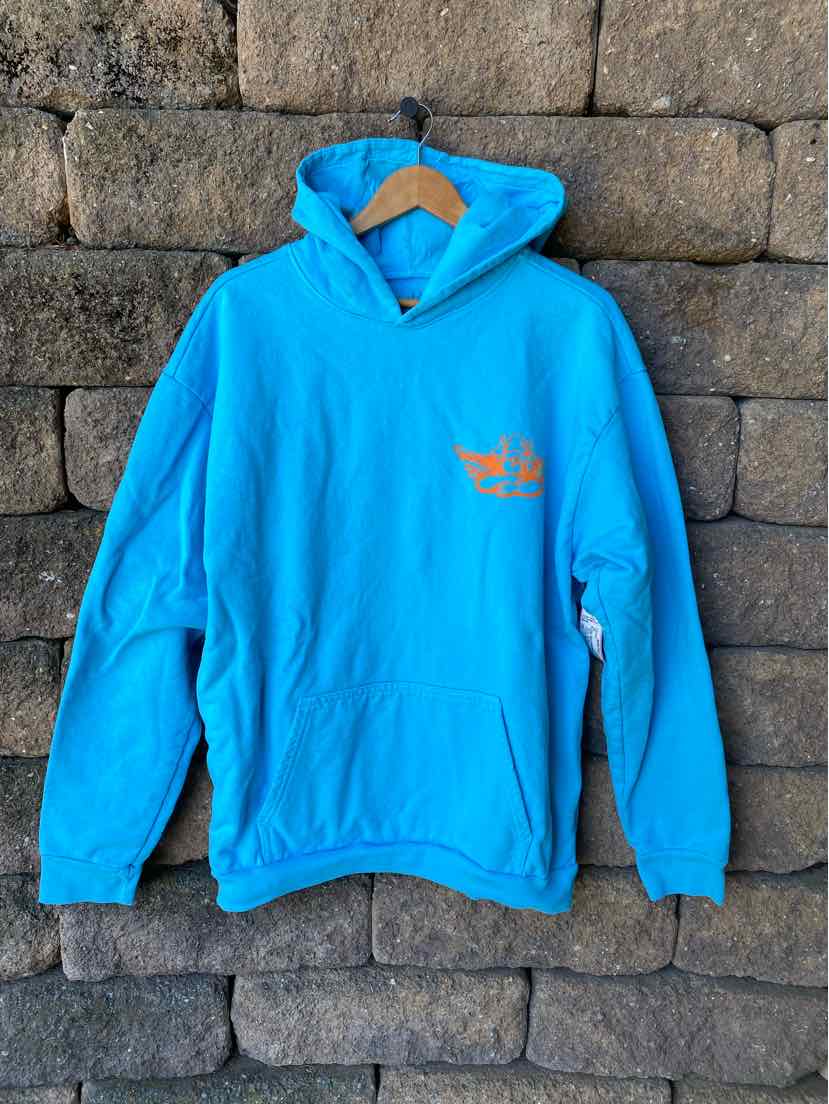 Bright blue pullover hoodie with front kangaroo pocket and small orange graphic on left chest.