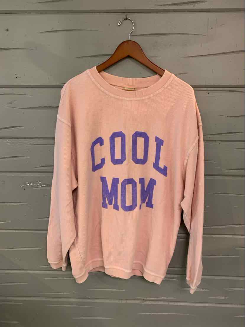 Light pink crewneck sweatshirt with purple "COOL MOM" text on front, medium size.