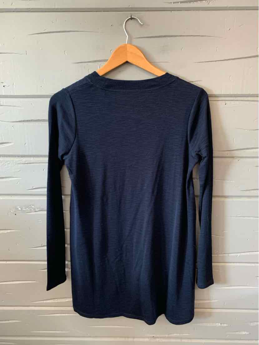Long-sleeve navy blue knit top with a crew neckline and fitted silhouette.