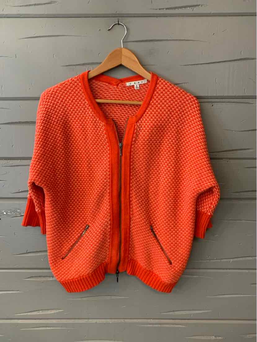 Orange woven cardigan with zipper front and two front pockets, short batwing sleeves, size small.