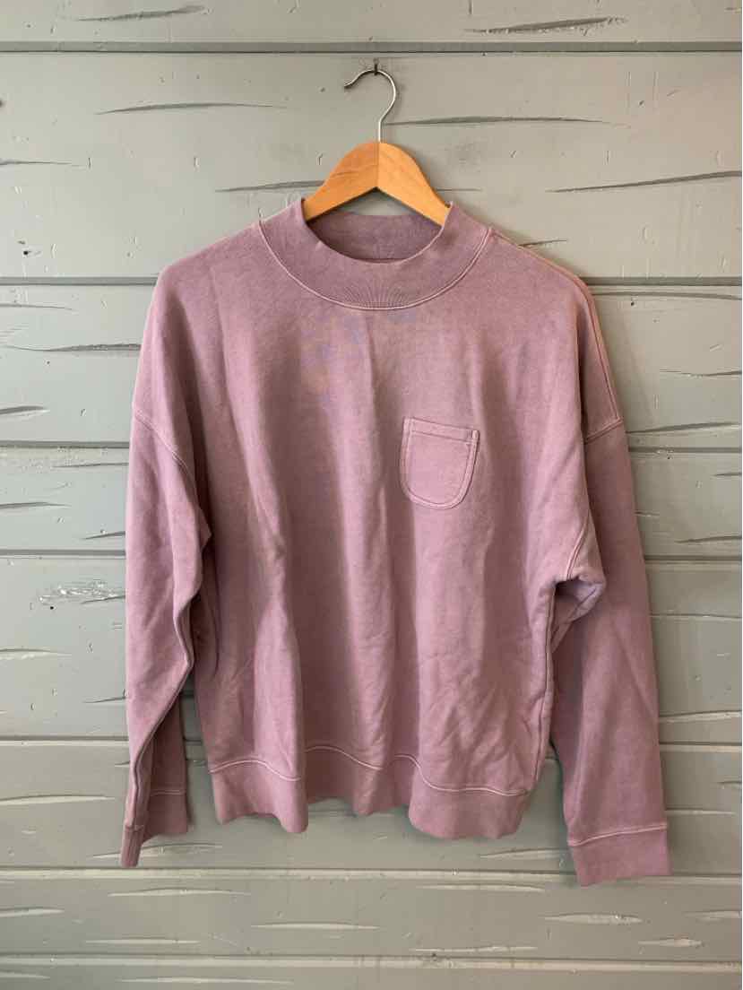 Mauve long-sleeve crewneck sweatshirt with chest pocket and ribbed cuffs, size large.