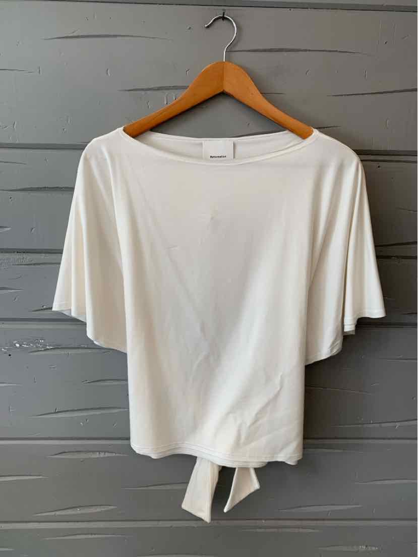 White short-sleeve blouse with boat neckline and front tie detail, lightweight fabric, size XL.
