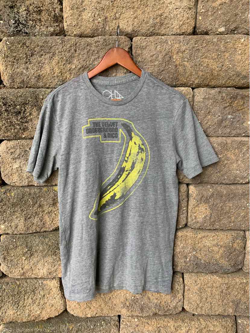 Gray short-sleeve cotton t-shirt with yellow and black banana graphic on front.