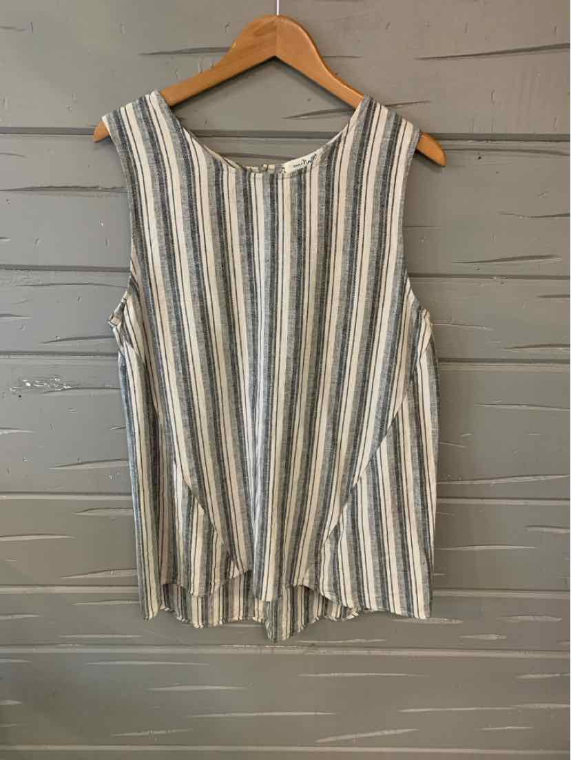 Sleeveless white tank top with vertical gray and beige stripes and a round neckline.