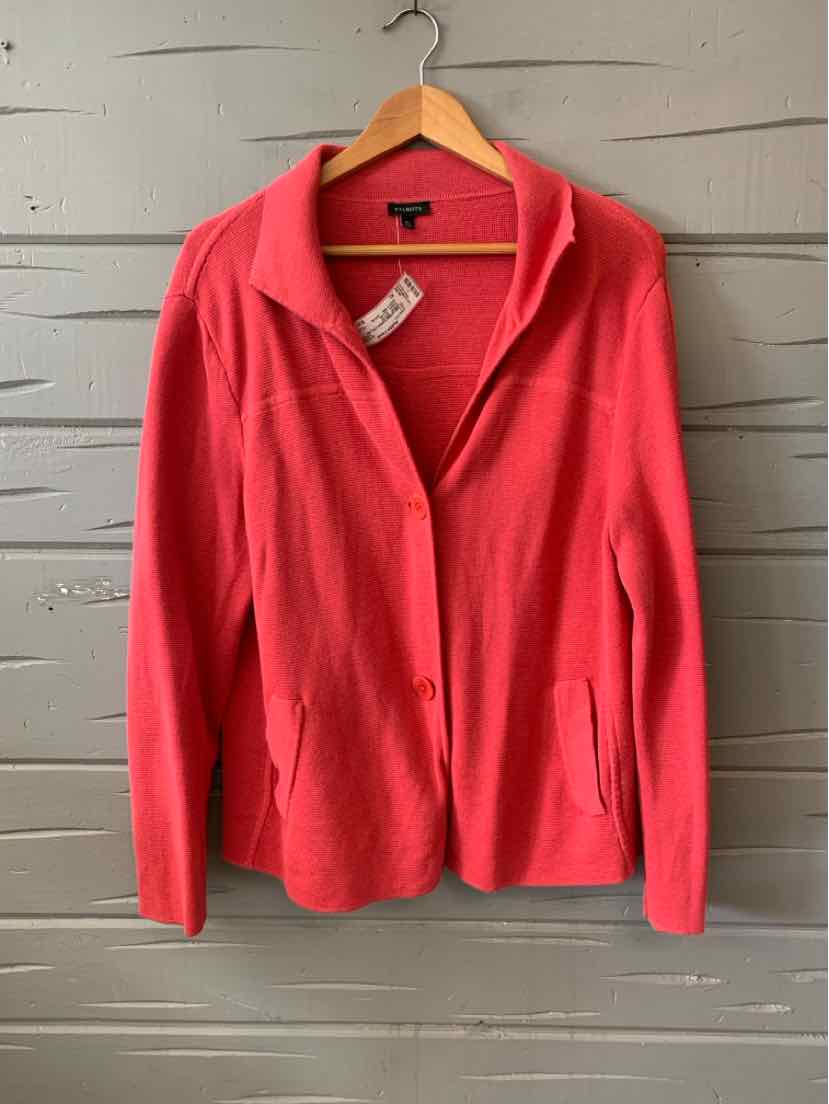 Coral red long-sleeve blazer with notch collar and front pockets in size XL.