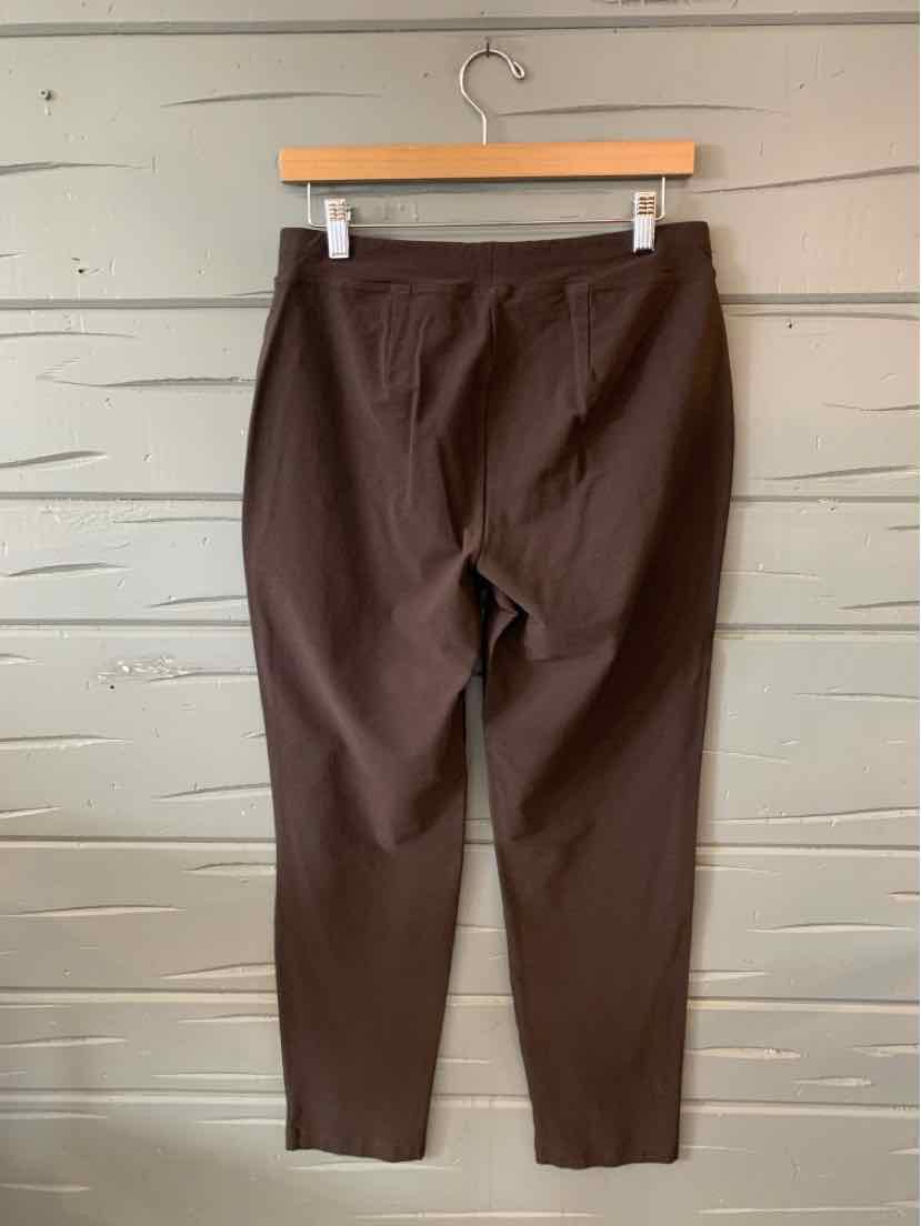 Dark brown tailored tapered pants with a clean front and elastic waistband hanging on a wooden hanger.