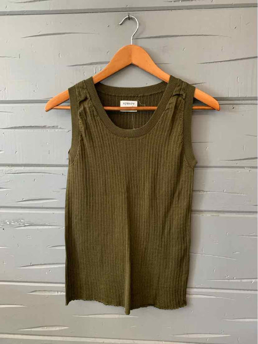 Olive green ribbed sleeveless knit tank top with scoop neckline on wooden hanger.