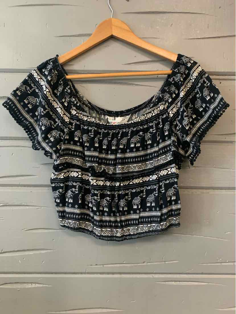 Black and white patterned off-shoulder crop top with elastic neckline and short puff sleeves.