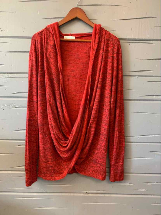 Red draped long-sleeve casual top for women, lightweight knit fabric, relaxed fit.