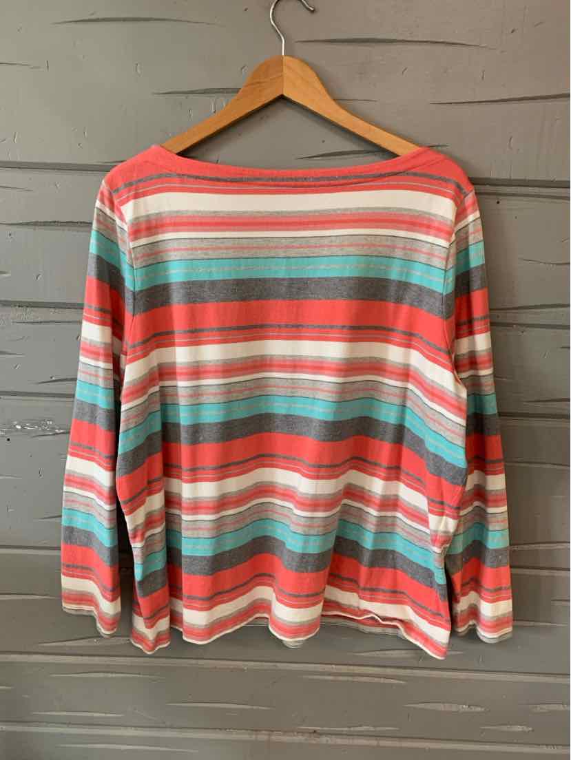 Long-sleeve shirt with horizontal stripes in coral, teal, white, and beige on wooden hanger.