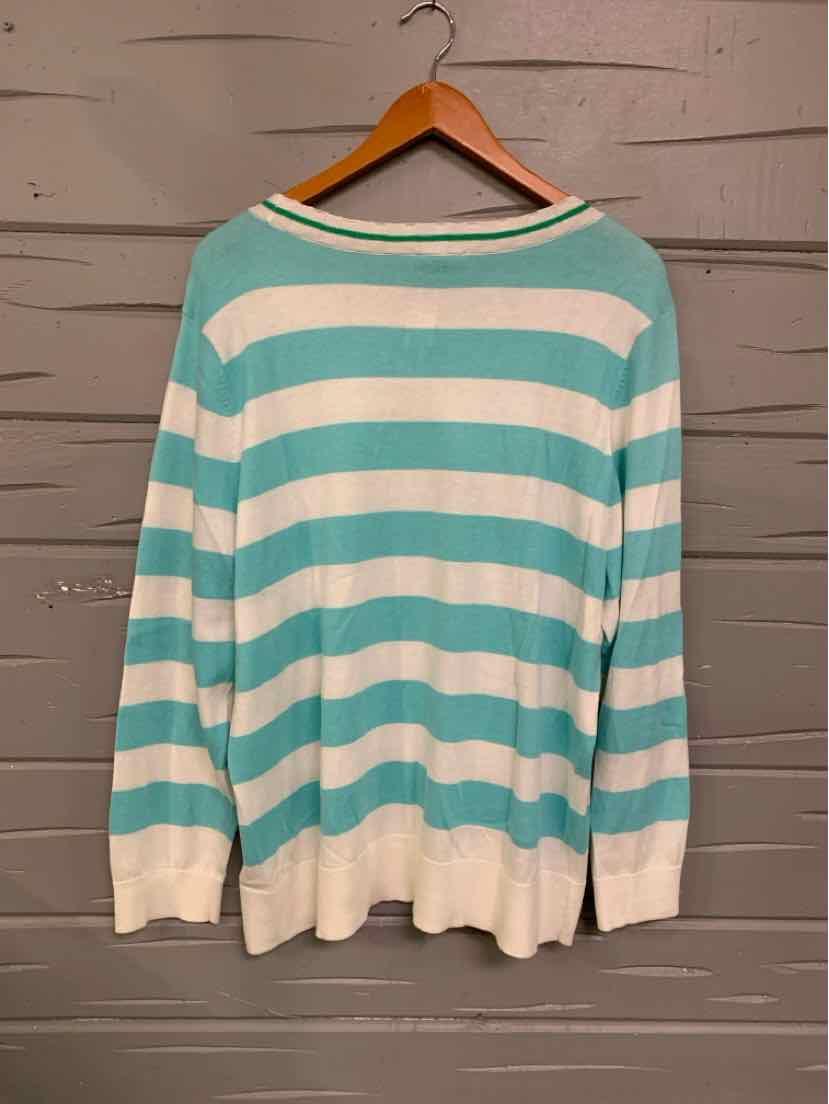 Aqua and white horizontal striped long-sleeve sweater with ribbed cuffs and hem on wooden hanger.