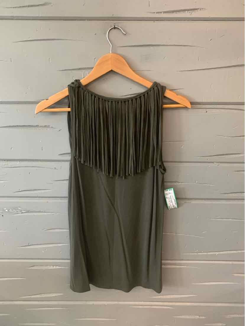 Olive green sleeveless dress with fringe detail across the chest, size small on wooden hanger.