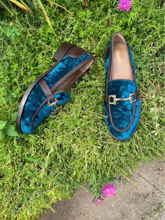 Teal velvet loafers with gold horsebit detail and brown leather trim, size 41.