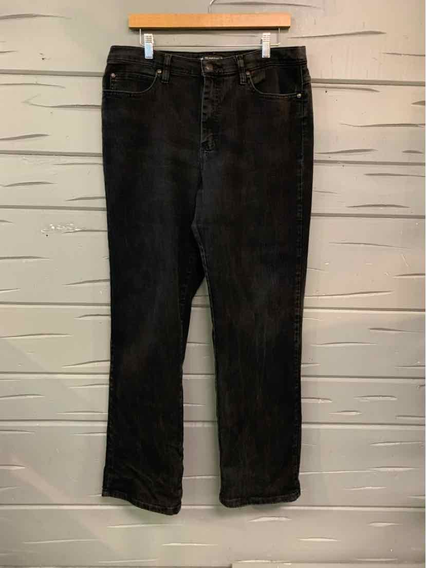 Black straight-leg jeans with five-pocket design and button closure, size 14.