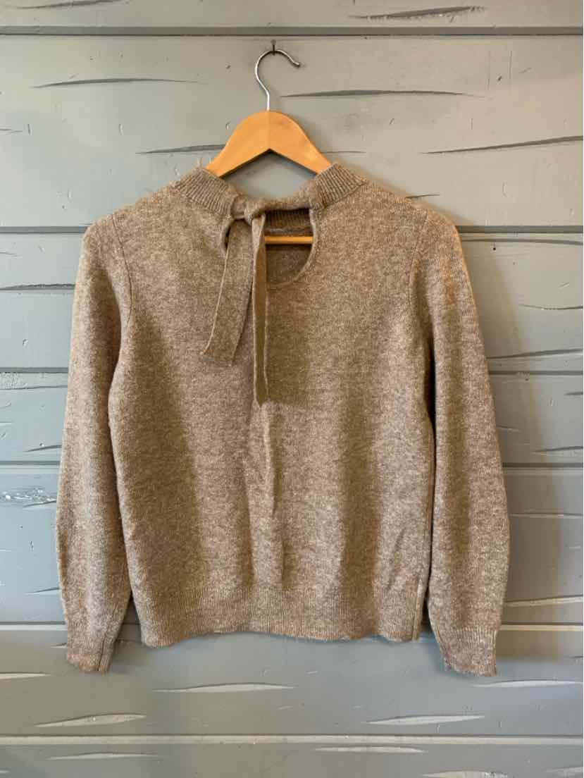Beige metallic knit pullover with a quarter-zip and high collar, medium weight fabric.