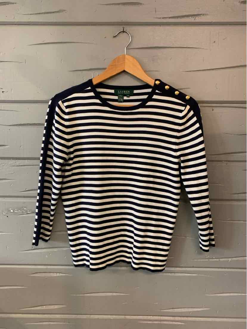 Women's Lauren striped long-sleeve top with navy and cream horizontal stripes and shoulder buttons.