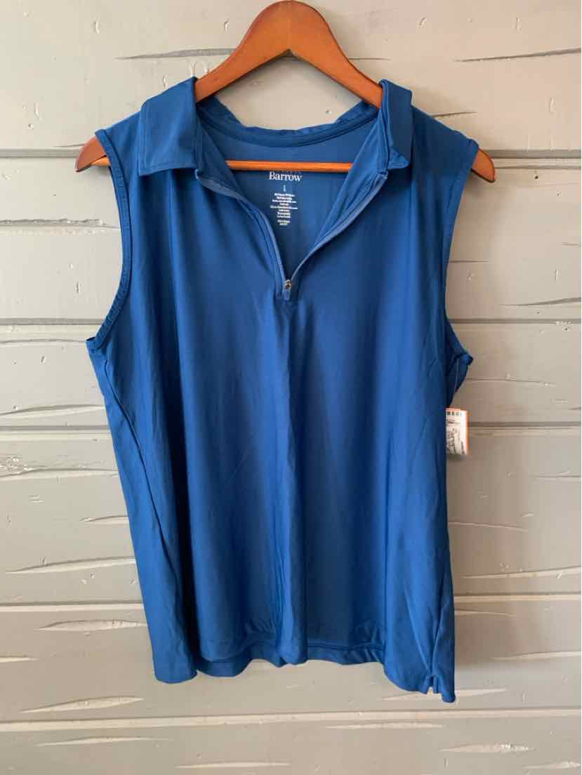 Sleeveless blue polo shirt with collar and button placket, made from smooth fabric, size large.