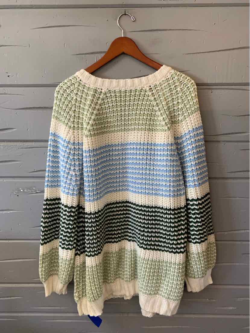 Multicolor striped knit sweater with a wide neckline, long sleeves, and ribbed cuffs and hem.
