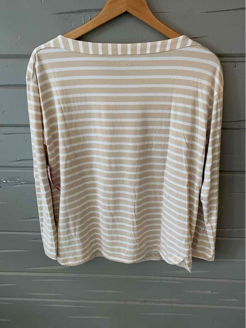 Tan and white horizontal striped long-sleeve shirt with boat neckline on hanger.
