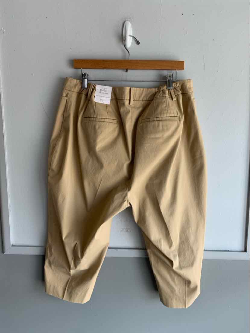 Tan cropped pants with pleated front and back welt pockets hanging on wooden hanger.
