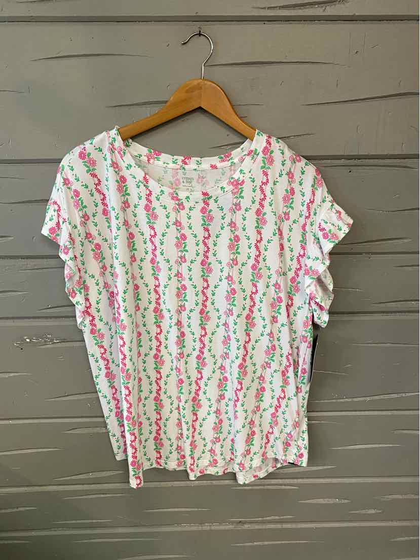 White short-sleeve blouse with pink and green vertical floral stripes, size 2X.