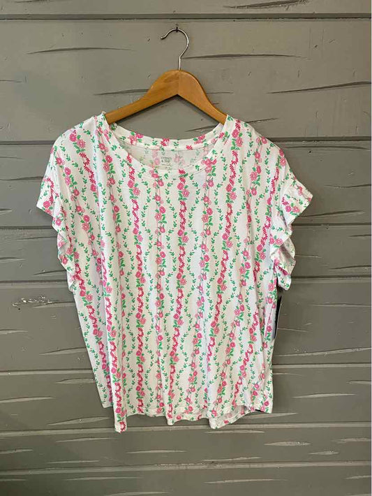 White short-sleeve blouse with pink and green vertical floral stripes, size 2X.