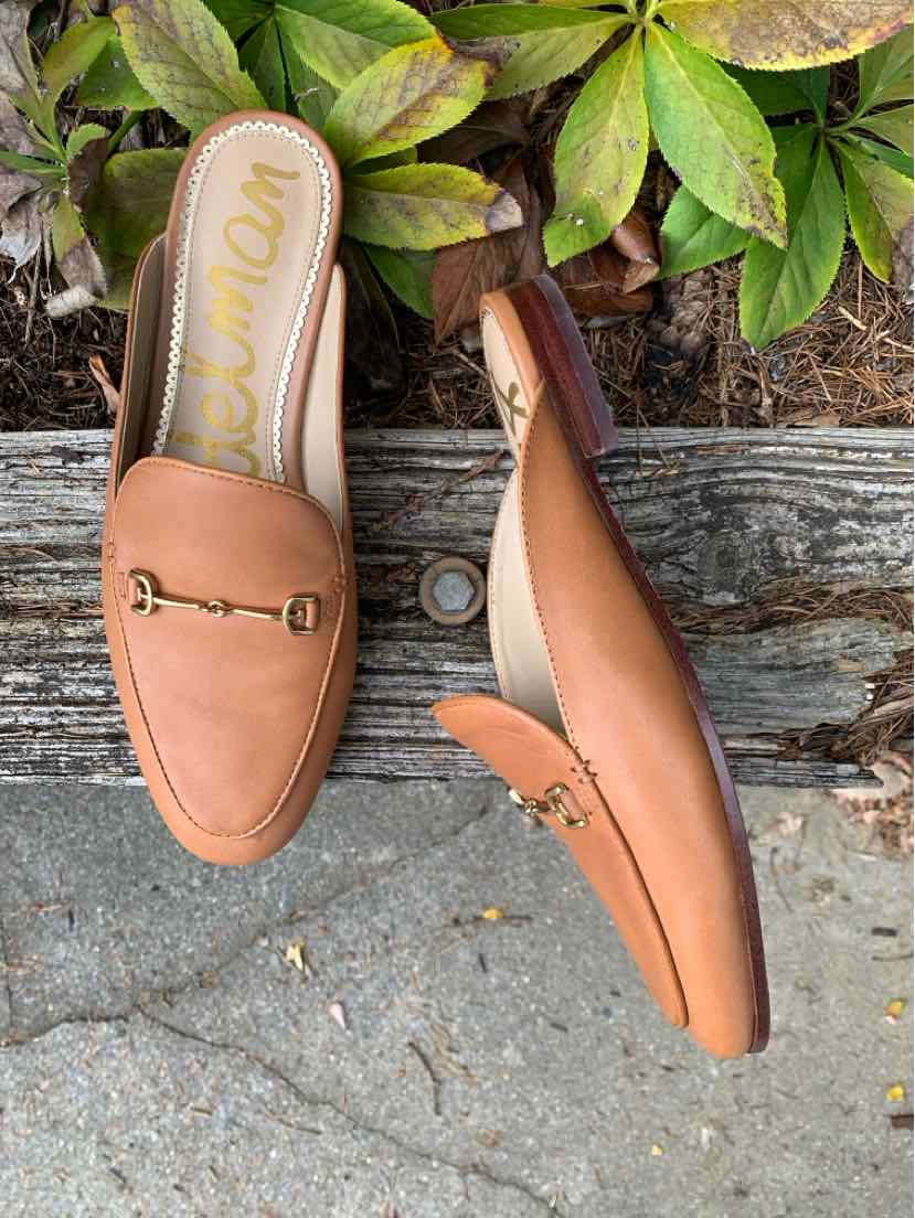 Tan Sam Edelman leather loafers with gold horsebit hardware and cushioned insoles, shown from above and the side.