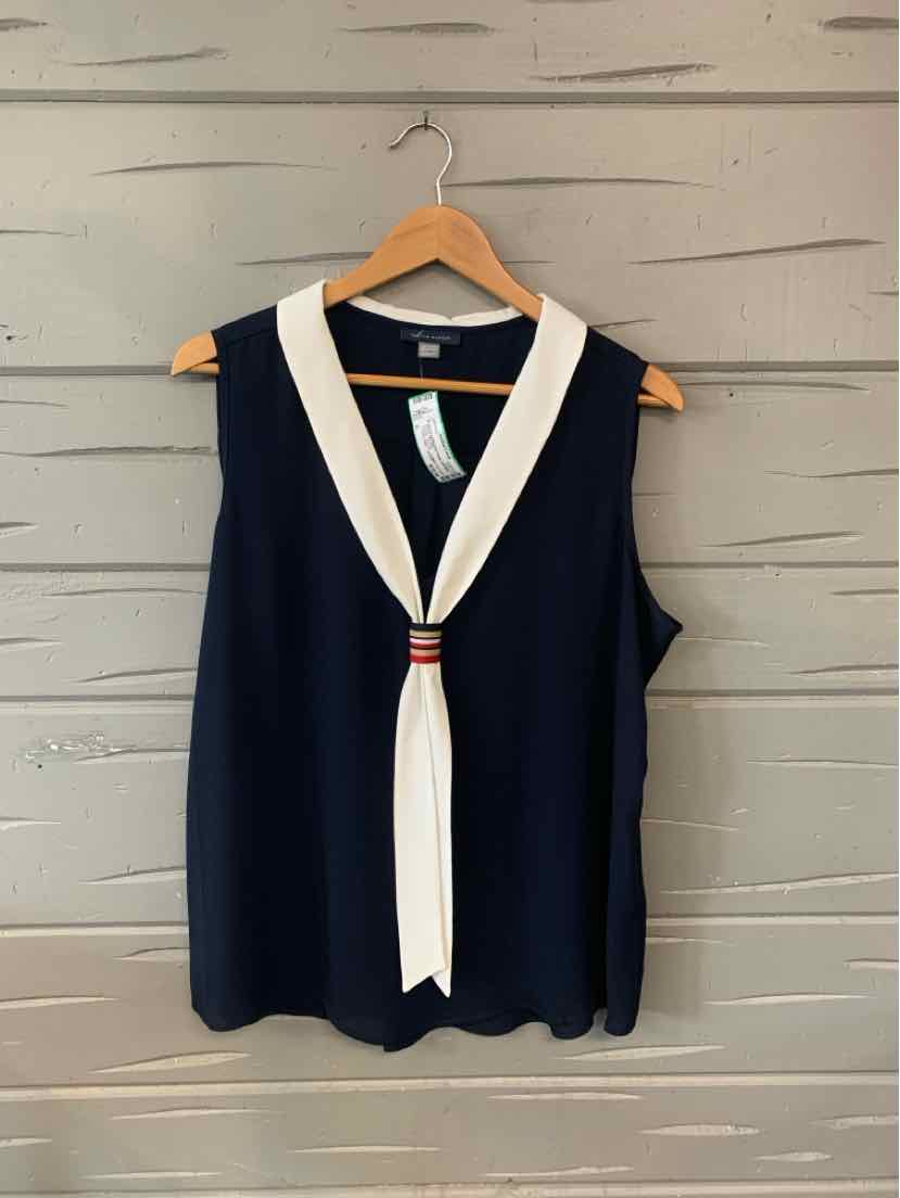 Navy blue sleeveless top with white V-neck tie and red accents, size XL.