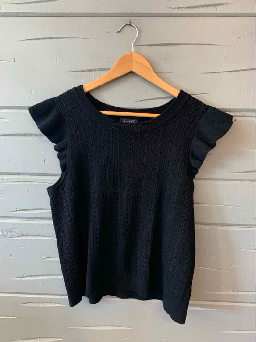 Black knit sleeveless top with ruffled armholes, crew neck, and relaxed fit in XL size.