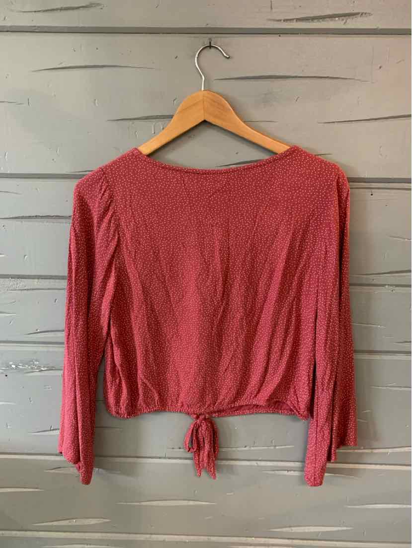 Red long-sleeve lightweight top with a tie-front detail and a scoop neckline, size XS.